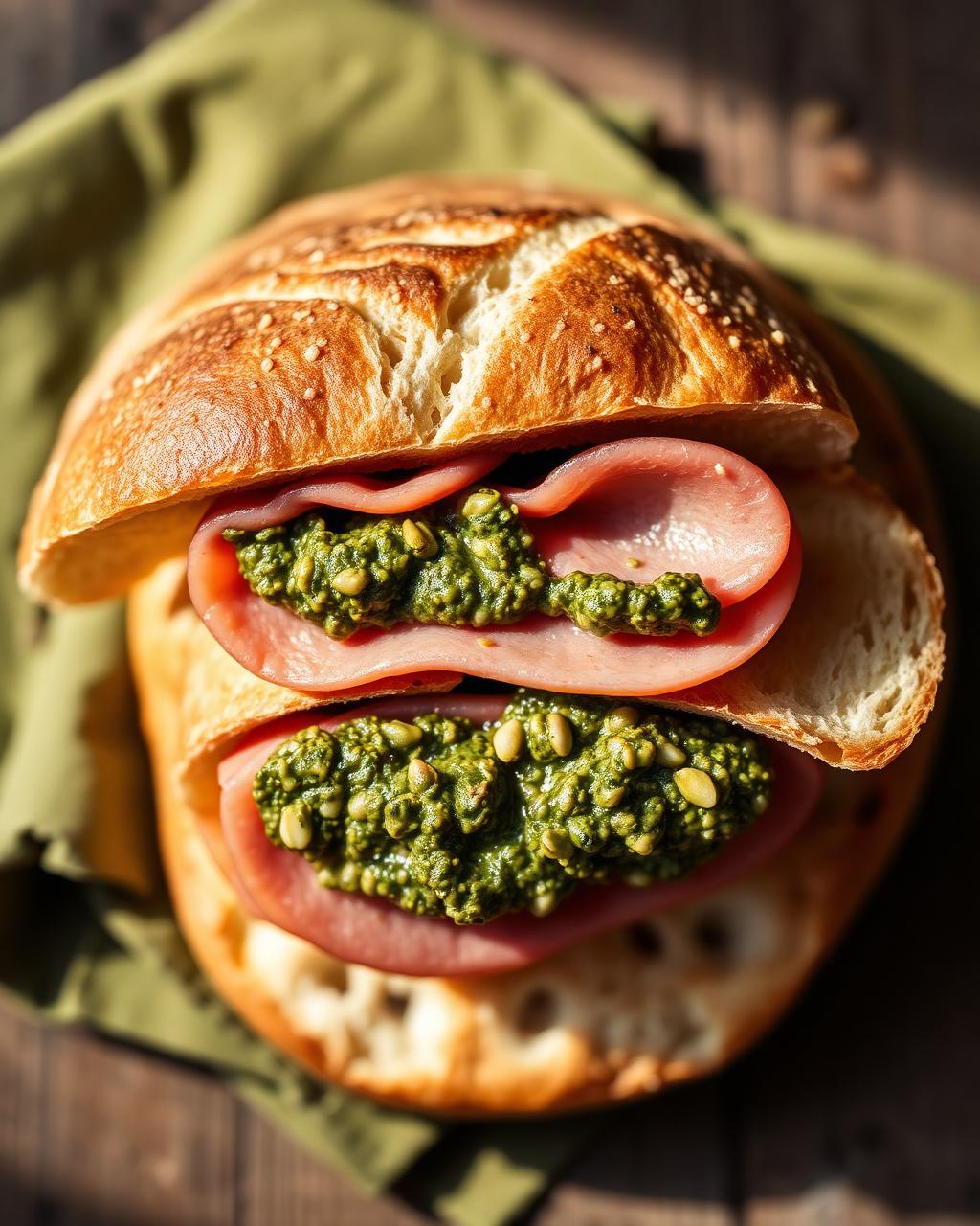 Panino met mortadella en pistachepesto van bovenaf