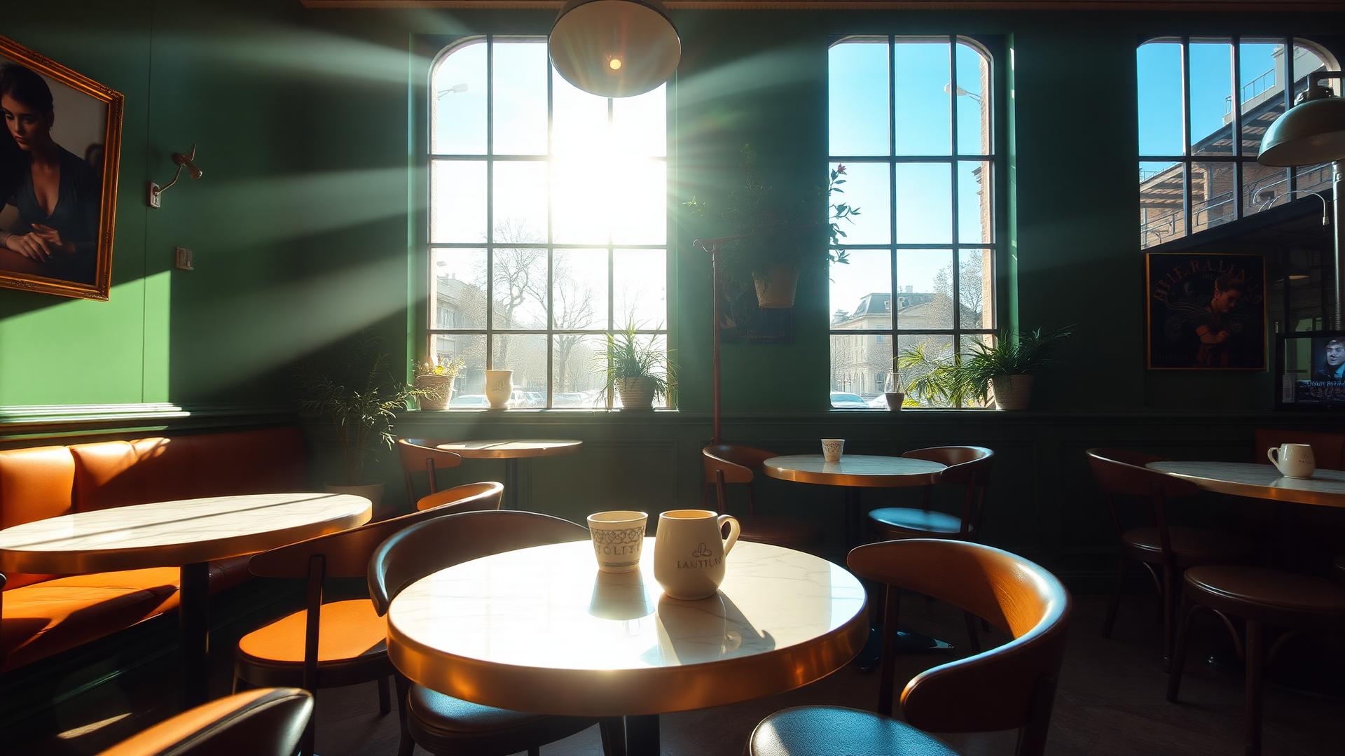 Interieur van Sosta met marmeren tafels en olijfgroene wanden